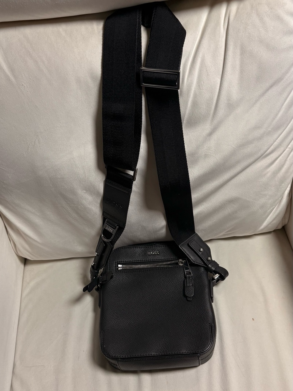 Boss Black Pebbled Leather Messenger Crossbody